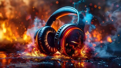 Explosive Sound: Fiery Headphone Blaze. Concept Sound Effects, Headphones, Fire, Music, Explosion - obrazy, fototapety, plakaty