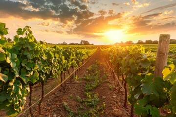 Beautiful summer vineyard field landscape at sunset with lush greenery and grapevines