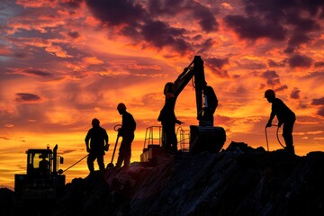 Silhouette of workers against the sunset on a construction site, abstract , background