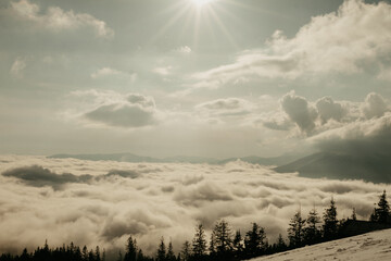 Snowy Veil with Clouds   "Mystical Peaks: Dragobrat Mountains in Snowy Veil"  clouds and mountains