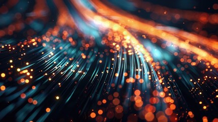 Close-up of a glowing fiber optic cable on a dark background, showcasing the texture and vibrant colors of data transmission technology