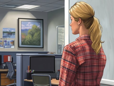 A woman with blonde hair and a red plaid shirt is standing in front of a wall with a picture of a forest on it