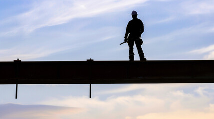 A lone silhouette of a construction worker standing atop a high beam, Futuristic , Cyberpunk