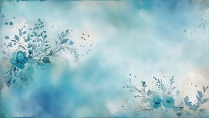 Pastel Blue Background with Texture and Vintage Grunge Elements, Watercolor Accents.