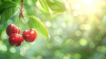 Close-up of a cherry tree hanging vertically down on a branch with green leaves. Cherry Orchard. Free space for your text - obrazy, fototapety, plakaty