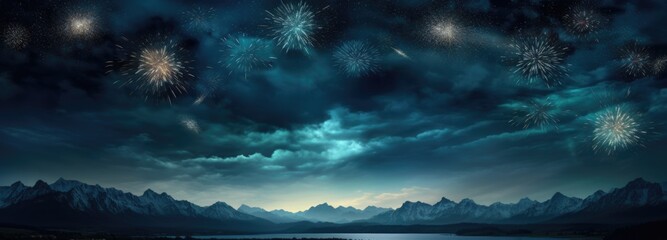 Fototapeta na wymiar Majestic Mountain Night Sky with Spectacular Firework Display