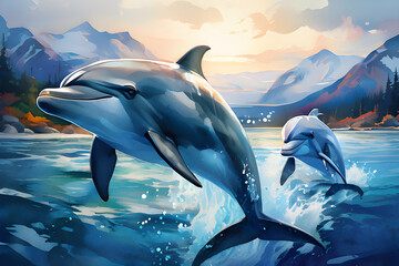 Dolphins playing in the waves at sunset, watercolor style. World Dolphin Day