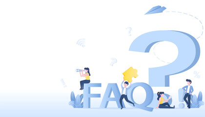 FAQ, question and answer concept. Big question mark symbol and business people characters talking, searching, and discussing. Illustration includes exclamation points and Q&A. Vector illustration.