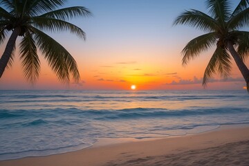 Fototapeta na wymiar Sunset on the beach, sunset, beach, palm, tropical, tree, sea, sky, ocean, island, sun, hawaii, nature, silhouette, summer, sunrise, travel, evening, water, palms, exotic, paradise, landscape, coast, 