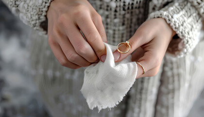 Woman polishing beautiful ring with napkin on grunge background, closeup - obrazy, fototapety, plakaty