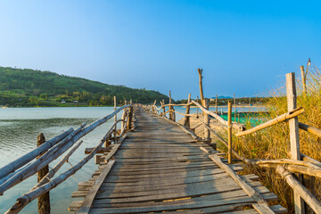 View of Ong Cop bridge or Tiger wooden bridge, Vietnam's longest wooden bridge in Chi Thanh district, Phu Yen province, Vietnam