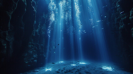 Underwater lights create an enchanting ambiance in the deep - obrazy, fototapety, plakaty