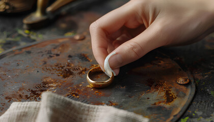 Woman polishing beautiful ring with napkin on grunge background, closeup