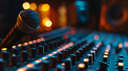 Photo of A microphone in front of an audio console with blurred lights and sound studio background, Generative AI