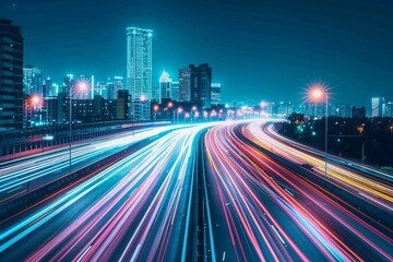 Fototapeta na wymiar High speed expressway illuminated by colorful light trails under a starry sky symbolizing urban motion