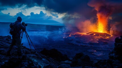 A lone photographer capturing the awe-inspiring beauty of a volcanic eruption from a safe vantage point, risking it all for the perfect shot.
