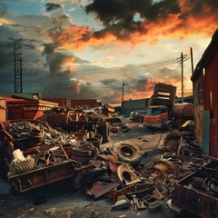 The picture depicts a cluttered junkyard with scattered debris, old vehicles, and tires under a dramatic sunset sky. Rusted trucks and unidentifiable objects cover the ground, Ai generated