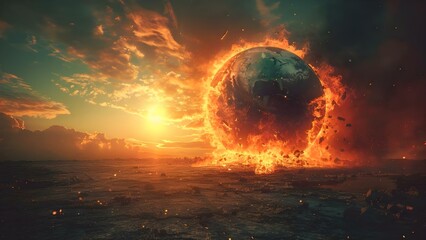 Planet Ablaze: A Stark Symbol of Climate Catastrophe. Concept Climate Change, Global Warming, Environmental Degradation, Catastrophic Events - obrazy, fototapety, plakaty