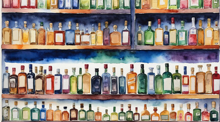 Fototapeta na wymiar Various colored liquor bottles many sizes on the shelf, watercolor painting style, generative AI.