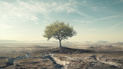A lone tree standing amidst a barren landscape, a beacon of hope in a world scorched by relentless heat. - obrazy, fototapety, plakaty