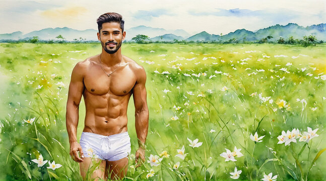 Athlete handsome men in white bikini walking in the flowers field, watercolor painting style, generative AI.
