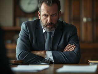 A man in a suit and tie is sitting at a desk with his arms crossed. He looks angry and is staring at the camera - obrazy, fototapety, plakaty