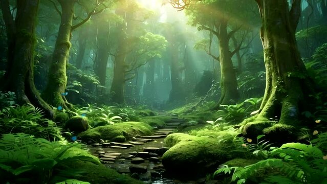 illustration of a view of a dense forest in the morning
