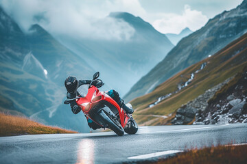 Motorcyclist leaning into a turn on a mountain road