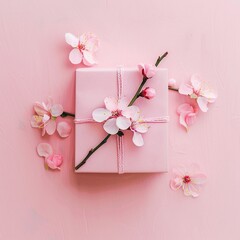 Pink gift box with spring flowers on pink background.
