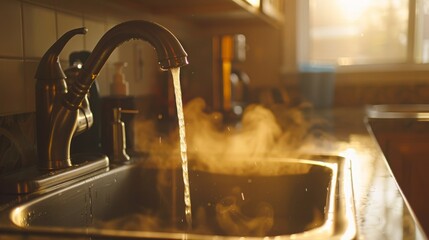 Pouring water into the sink in the kitchen. Shallow depth of field - obrazy, fototapety, plakaty