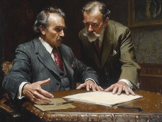 Two men are sitting at a desk with a piece of paper in front of them. One of the men is pointing at the paper while the other man looks on. Scene is serious and focused