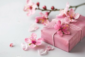 Fototapeta na wymiar Pink gift box with spring flowers on pink background.