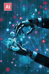 Advanced artificial intelligence for the future. Humans and robots. Intricate algorithms and generation of doubts and answers.
