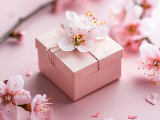 Fototapeta na wymiar Pink gift box with spring flowers on pink background.