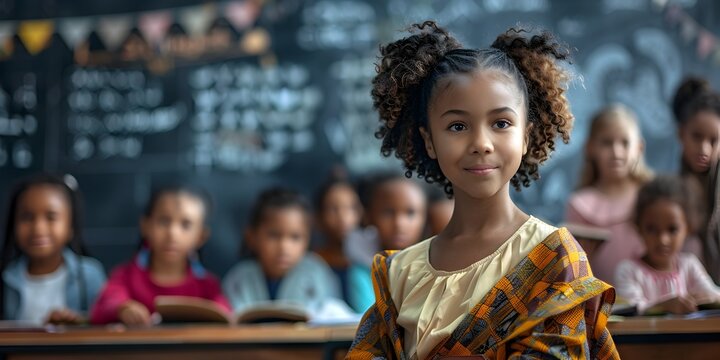 Empowered young African American girl leading an educational workshop on civil rights and for a diverse group of students in a classroom setting