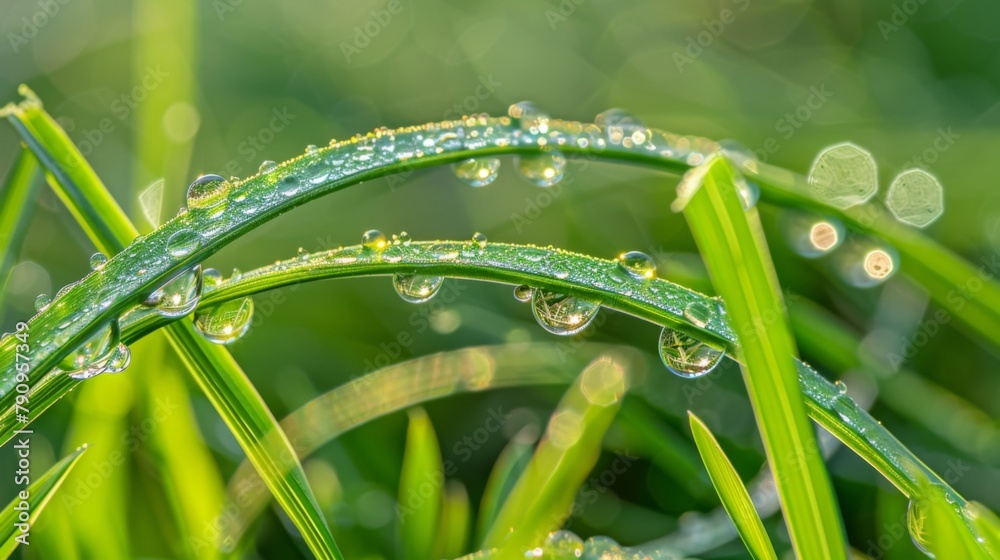 Poster A macro image of water droplets forming intricate patterns on a blade of grass, capturing the delicate balance of nature in a dewy morning.