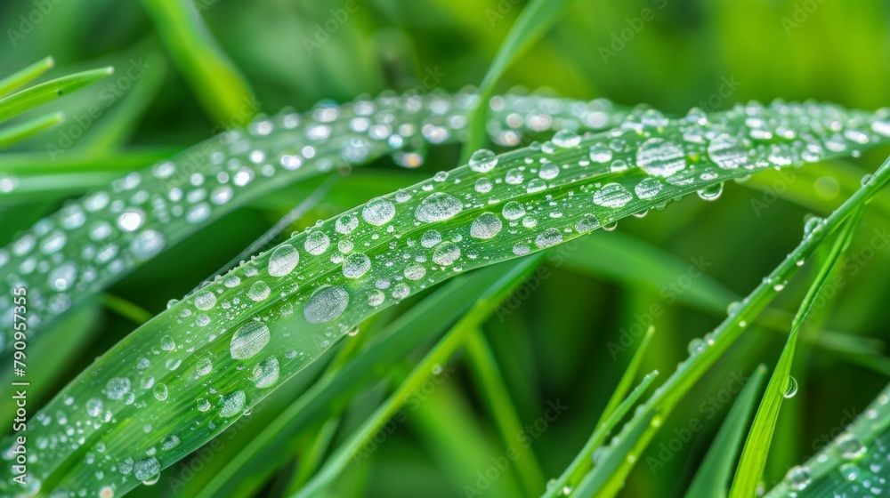 Poster A macro image of water droplets forming intricate patterns on a blade of grass, capturing the delicate balance of nature in a dewy morning.