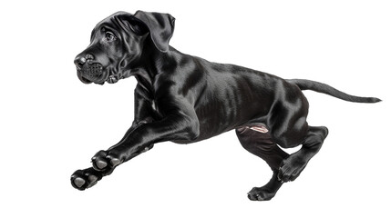 A majestic Great Dane puppy bounding with strength mid-journey, isolated on transparent background, PNG file