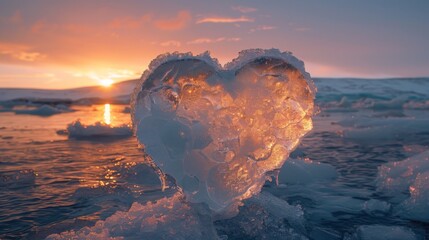 A heart made of ice floats in the ocean