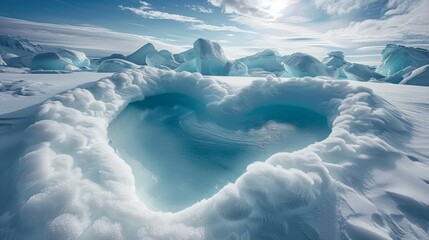 A large body of ice with a heart shape in the middle