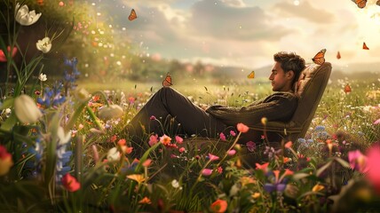 A man is sitting in a chair in a field of flowers