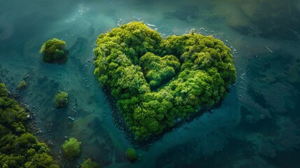 A heart made of trees is floating in the water