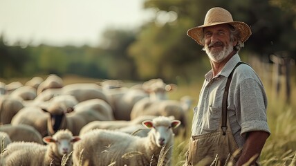 A man wearing a straw hat stands in a field with a herd of sheep