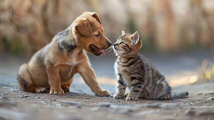 A dog and a cat are playing together