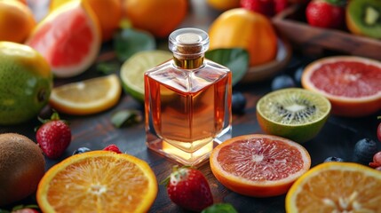 A bottle of alcohol sits on a table with a variety of fruits, including oranges - 790957531