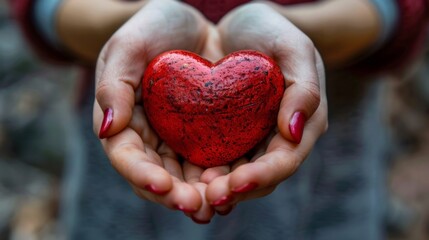 A woman is holding a red heart in her hand