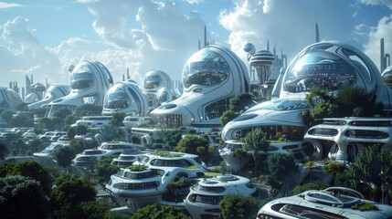 A futuristic cityscape with many buildings and a lot of greenery - 790957535