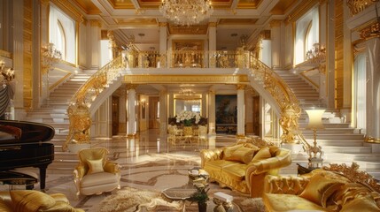 A large, luxurious home with gold accents and a grand staircase