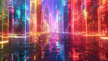 A neon cityscape with buildings in neon colors - 790957540
