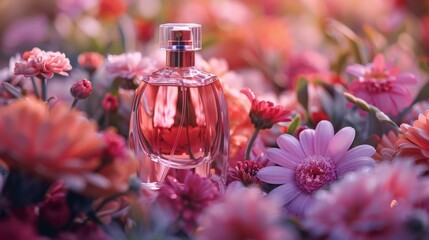A bottle of perfume is placed on a bed of flowers